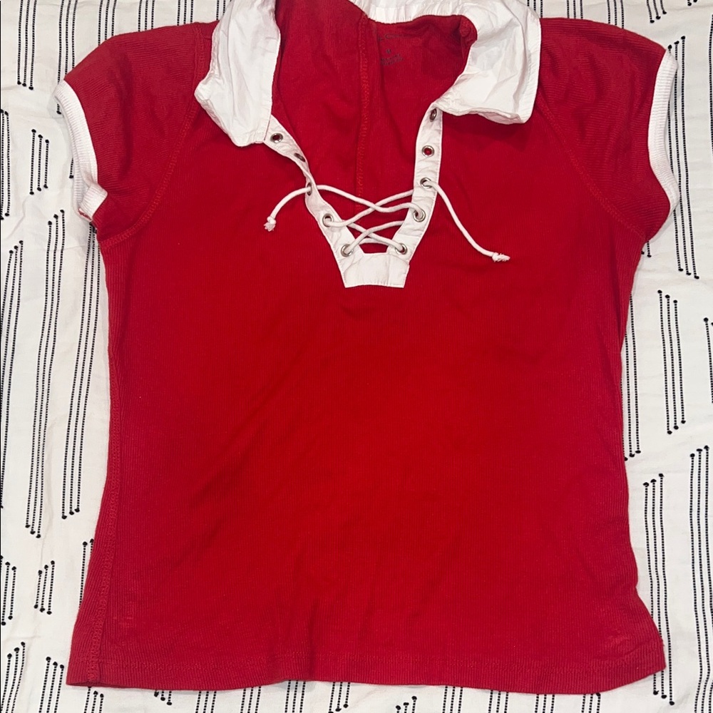 Anthropologie Red Lace-Up Polo Top with White Collar and Trim